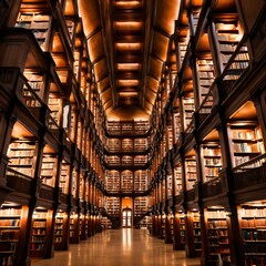 Fototapeta premium A vast library with towering bookshelves reaching upwards infinitely, creating a labyrinthine structure bathed in an ethereal glow.
