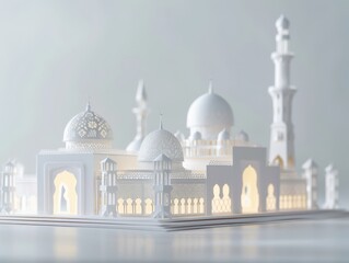 Obraz premium Intricate paper model of a mosque with illuminated details, showcasing beautiful architectural elements and creative craftsmanship.