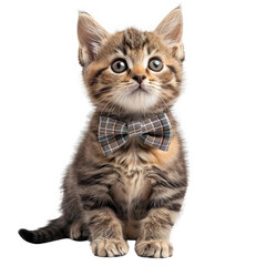 Obraz premium A cute kitten with a bow tie, sitting on the white background and celebrating International Cat Day in style