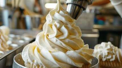 A close-up image showing soft serve ice cream being extruded from a machine into a cone, likely in a commercial kitchen setting