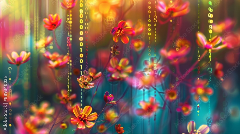 Leinwandbilder Blooming flowers in a colorful, abstract setting with strings of binary code.