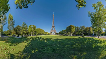 Eiffel Tower in a Sunny Park. Panoramic view of the Eiffel Tower on a clear day with a vivid blue sky. Vibrant green park surrounds the iconic landmark. Perfect for travel content. AI