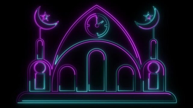 Abstract neon glowing color masque icon animation on black background.