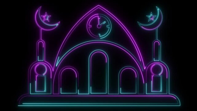 Abstract neon glowing color masque icon animation on black background.