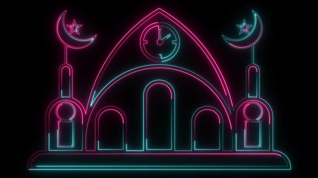 Abstract neon glowing color masque icon animation on black background.