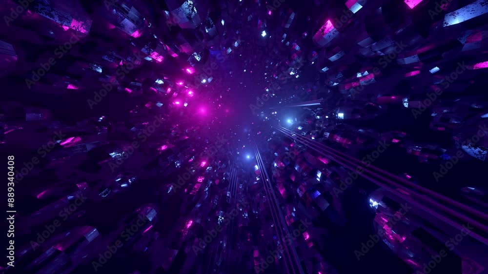 Poster flight through hi-tech technology tunnel with camera shake. neon light and mist, sci-fi construction