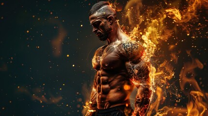 Fototapeta na wymiar A bodybuilder on fire isolated on transparent