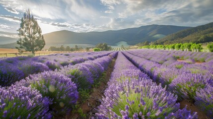 Obraz premium A picturesque scene of a lavender field in bloom, with rows of purple flowers under a bright sky
