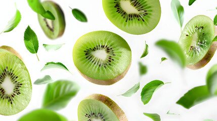 Fototapeta premium Kiwi with half slices falling or floating in the air with green leaves isolated on white background, Fresh organic fruit with high vitamins and minerals.