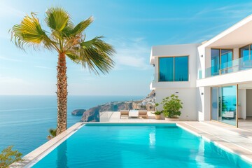 Fototapeta premium Modern villa with pool and ocean view vibrant and elegant artistic scene inviting setting contemporary design stylish and chic luxurious