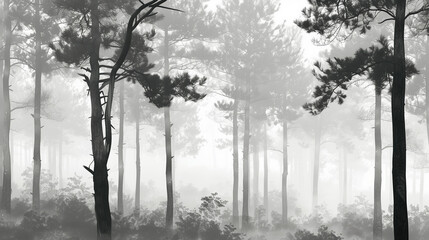 Traditional Japanese Ink Painting of a Foggy Forest with Atmospheric Mist and Intricate Tree Details