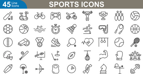 Sports icons set. thin line icons set. cricket, football, volleyball, tennis, boxing, baseball, hockey and more. vector illustration