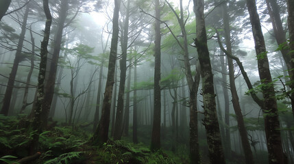 Obraz premium Mysterious Foggy Forest with Mythical Japanese Creatures Tanuki and Kitsune in Enchanted Woodland Setting