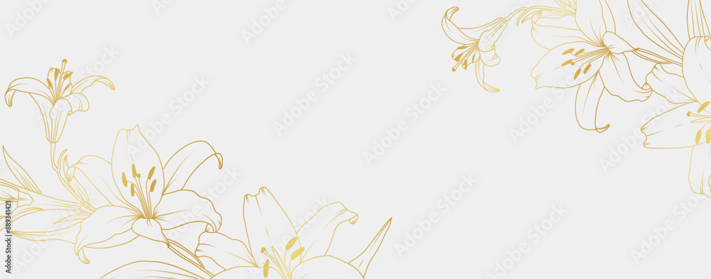 Wall mural luxury gold lily flowers background. floral pattern tropical in line art style for greeting, invitat