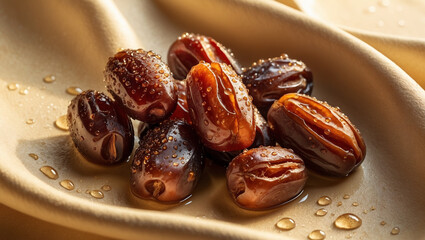 Fresh dates with water droplets in soft sunlight