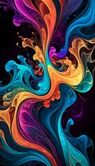 Colorful floral and wave abstract pattern on a black background. Vertical image 
