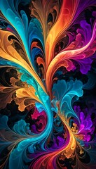 Colorful floral and wave abstract pattern on a black background. Vertical image 