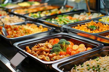 This full-service gas station features a wide selection of ready-to-eat foods displayed in attractive trays.