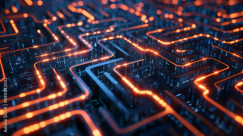 Aufkleber a close-up view of a complex, digital circuit board with glowing orange lines and blue background.