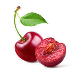 Red Cherry with cut in half isolated on white background.