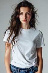 Fototapeta premium White tshirt mockup on woman model created with Generative AI