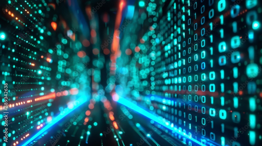 Poster a glowing, abstract tunnel of binary code, with streaks of blue and orange light.