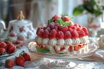 A beautiful strawberry dessert, topped with whipped cream and dusted with powdered sugar, sits on a chic table setting