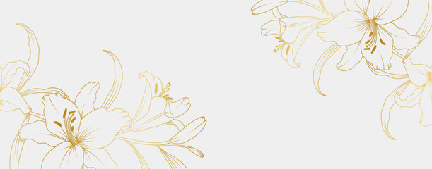 Luxury gold lily flowers background. Floral pattern tropical in line art style for greeting, invitation, wedding card, wall art, wallpaper and print. Vector illustration