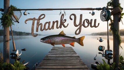 Thank You Sign With Trout Hanging Over Lake Dock