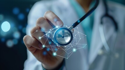 Doctor hand with stethoscope and Ui icon medical in hospital with medical technology network concept