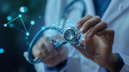 Doctor hand with stethoscope and Ui icon medical in hospital with medical technology network concept