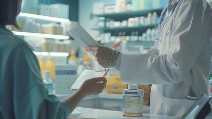 A doctor handing a prescription to a patient in a well-lit medical office