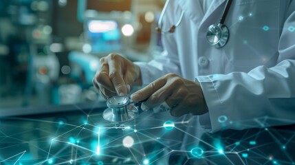 Doctor hand with stethoscope and Ui icon medical in hospital with medical technology network concept