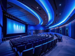 Naklejka premium A spacious theater with rows of empty seats and a large, illuminated screen, highlighted by subtle, blue ambient lighting, awaiting the start of a presentation or film.