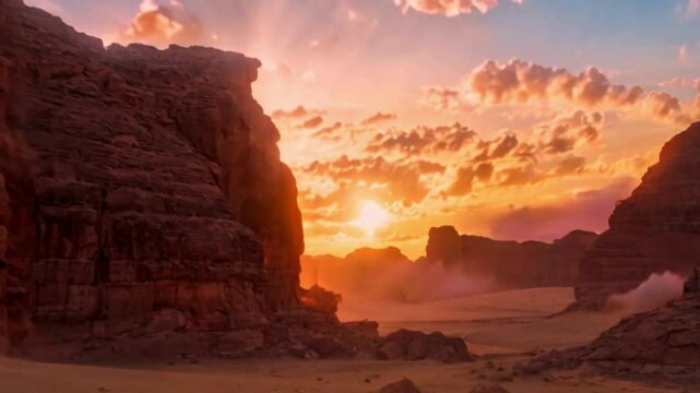 timelapse of the sunset in the desert of saudi arabia near a rocky formation
