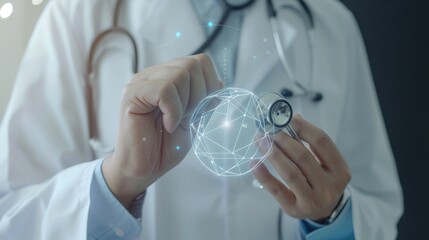 Doctor hand with stethoscope and Ui icon medical in hospital with medical technology network concept