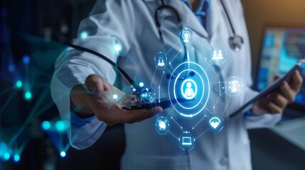 Doctor hand with stethoscope and Ui icon medical in hospital with medical technology network concept