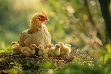 Fototapeta premium A hen with her chicks nestled in a cozy nest, surrounded by green foliage, representing care and family.