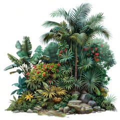 A lush rainforest garden, garden arrangement, realistic painting, rich greens, isolated on white background