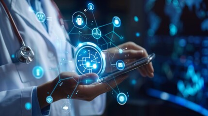 Doctor hand with stethoscope and Ui icon medical in hospital with medical technology network concept