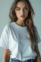 Fototapeta premium White tshirt mockup on woman model created with Generative AI