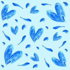 Blue watercolor hand drawn hearts, heart artistic cute texture pattern background, for gentle romantic design for Valentine's Day