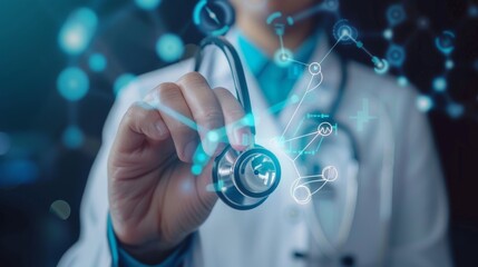 Doctor hand with stethoscope and Ui icon medical in hospital with medical technology network concept