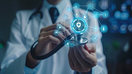 Doctor hand with stethoscope and Ui icon medical in hospital with medical technology network concept