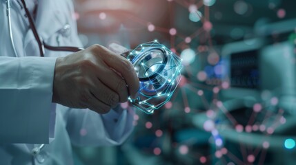 Doctor hand with stethoscope and Ui icon medical in hospital with medical technology network concept