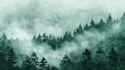 Misty Forest Watercolor Painting Featuring Traditional Japanese Ink Art Style and Enchanting Foggy Landscape