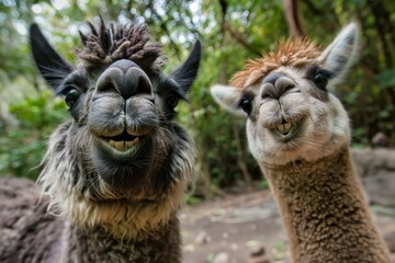 An amusing view of two llamas making funny faces while standing in their natural habitat amidst trees.