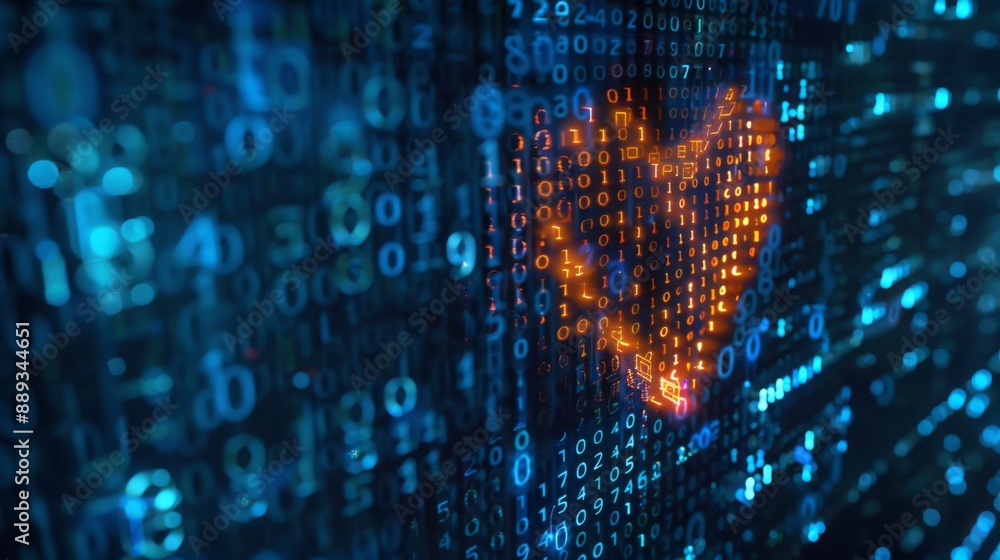 Poster A heart shape is formed by glowing orange numbers and symbols on a screen of blue binary code.