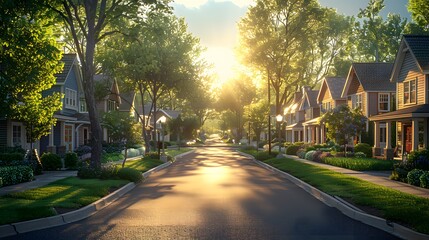 Fototapeta premium A suburban street at sunset, rows of colorful two-story houses, manicured lawns, tree-lined sidewalks, wide asphalt road, golden hour lighting, clear blue sky, peaceful neighborhood.