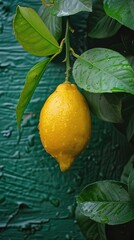 Vibrant Yellow Lemon with Green Leaves